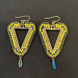 Handcrafted Beaded Triangle Earrings - Gold and Blue